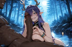 1boy1girl 1girl ai_generated ass curvy curvy_female curvy_figure dark-skinned_male dark_skin elf elf_ears erect_penis erection genshin_impact hair_ornament heart_hands lauma_(genshin_impact) long_hair nude purple_hair
