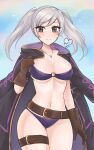 1girl alluring belt big_breasts bikini blush brown_eyes brown_gloves cleavage closed_mouth collarbone commentary fire_emblem fire_emblem_awakening fire_emblem_heroes fire_emblem_warriors gloves heart high_res intelligent_systems jewelry long_hair looking_at_viewer luci_(purrlucii) navel necklace nintendo o-ring o-ring_bikini o-ring_top official_alternate_costume purple_bikini robin_(fire_emblem) robin_(fire_emblem)_(female) robin_(summer)_(fire_emblem)_(female) smile swimsuit thigh_belt thigh_strap twin_tails