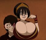  ... 1boy 1girl 1girl aged_up alternative_age alternative_bust_size avatar:_the_last_airbender big_breasts big_breasts black_hair blind breast_press breasts brown_background brown_hair bursting_breasts cleavage clothing grey_eyes hair_bun hairband hand_on_another's_face headwear hetero huge_breasts male pointing poking scar scar_across_eye scar_on_face screen_capture short_hair sidelocks single_hair_bun smile squeezing_breast tagme tied_hair toph_beifong updo zuko 