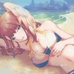  1girl 1girl alluring beach big_breasts blue_eyes blush brown_hair chomo_(engawaparty) cleavage commentary_request eunie_(xenoblade) feathered_wings head_wings long_hair looking_at_viewer lying navel sand stomach water white_wings wings xenoblade_(series) xenoblade_chronicles_3 
