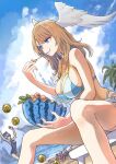  >_< 1girl 3_girls absurd_res alluring beach big_breasts blue_eyes blue_one-piece_swimsuit blue_sky brown_hair cloud commentary day eating eunie_(xenoblade) fiona_(xenoblade) food fruit head_wings high_res holding holding_food holding_fruit long_hair lying multiple_girls nemimin o_o official_alternate_costume on_stomach one-piece_swimsuit outside palm_tree sand sena_(xenoblade) sitting sky swimsuit tree untranslatable_commentary watermelon wings xenoblade_(series) xenoblade_chronicles_3 