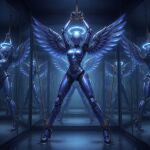 1girl ai_generated angel angel_wings bodysuit bondage encasement exoskeleton high_heels metallic_body mirror robot robot_humanoid rope solo_female suspension