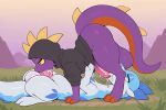 3_fingers 3_toes 69_position absurd_res ai_generated all_fours animal_genitalia anthro anthro_on_anthro anthro_penetrated anthro_penetrating anthro_penetrating_anthro balls big_balls big_penis big_tail biped black_clothing black_eyes black_hoodie black_topwear blue_body blue_eyes blue_markings blue_spikes bodily_fluids chillet claws clothing cum cum_in_mouth cum_inside cum_on_body cum_on_face cum_on_penis duo feet fellatio finger_claws fingers genital_fluids genitals grass half-closed_eyes high_res holding_clothing holding_object hoodie huge_balls huge_penis leezpunk long_ears long_tail looking_at_partner's_penis lying male male/male male_penetrated male_penetrating male_penetrating_male markings narrowed_eyes on_back oral orange_body orange_claws outside_sex pal_(species) palworld paws penetration penile penis penis_in_mouth plains plant pupils purple_body scalie sex sheath spikes spikes_(anatomy) tail toe_claws toes tongue tongue_out tongue_out_fellatio topwear white_body white_pupils yellow_sclera yellow_spikes yiff_ai_(director) 