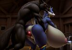 ai_generated areola big_breasts big_penis black_fur breasts duo eric_(wolf2012) huge_breasts hyper_breasts lactation milking_machine muscular muscular_male nipples orange_eyes palamute_(monster_hunter) penetration pink_nipples sex wolf