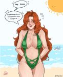  beach bikini brown_hair chest_tattoo embarrassed jean_grey marvel marvel_comics naughty_face nervous nervous_smile nervous_sweat ocean offscreen_character sand shy spicycheese sunlight 