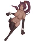 1girl 1girl animal_ears bleach breasts clothing dark-skinned_female dark_skin elbow_gloves eyes_visible_through_hair feet female_only gloves high_resolution long_hair looking_at_viewer nekomimi nipples one_leg_raised paws ponytail purple_hair pussy sarhce shihouin_yoruichi smile stockings tied_hair very_high_resolution wide_hips yellow_eyes