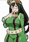ai_generated bare_thighs big_breasts black_eyes boku_no_hero_academia green_hair hero_outfit_(mha) huge_breasts huge_thighs large_tongue light-skinned_female light_skin long_hair looking_at_viewer massive_breasts my_hero_academia sawahebi solo_female squatting sweat sweatdrop thick_body thick_female thick_thighs thighs tongue_out tsuyu_asui voluptuous voluptuous_female