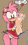  1girl amy_rose blush dialogue erection green_eyes large_penis nipples_visible_through_clothing panties penis red_dress sega sonic_the_hedgehog sonic_the_hedgehog_(series) text_bubble veiny_penis 