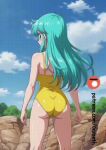  1girl ai-generated ai_generated animated aqua_hair ass ass_focus back_view blue_eyes dragon_ball_z female female_focus gabeth gif long_hair maron one-piece_swimsuit one_eye_closed solo swimsuit toei_animation voluptuous_female yellow_one-piece_swimsuit 