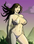  1girl arms_at_sides bare_arms bare_legs bare_shoulders big_breasts bikini black_hair blurry blurry_background breasts breasts_apart brown_eyes cloud collarbone covered_erect_nipples criss-cross_halter day erect_nipples expressionless female_only female_solo fire_and_ice floating_hair grey_bikini grey_swimsuit legs light-skinned_female light_skin lips lipstick long_hair looking_to_the_side makeup midriff mountain navel neck outside parted_lips pink_lipstick princess princess_teegra purple_sky revealing_clothes sky standing straight_hair swimsuit taynorhook teegra thick_thighs thighs tree under_boob 
