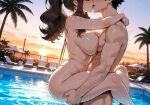 1boy1girl 1girl ai_generated ass brown_hair curvy curvy_female curvy_figure hilda_(pokemon) kissing kissing_while_penetrated long_hair nude pokemon pokemon_black_and_white ponytail pool sex sling_bikini stand_and_carry_position standing_sex swimsuit