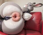 1girls ai_generated anus anus_focus ass ass_focus big_ass big_ears bubble_butt cameltoe couch covered_pussy disney donut_anus high_res indoors judy_hopps looking_at_viewer mammal pink_anus posing posing_for_the_viewer presenting_hindquarters puffy_anus purple_eyes pussy rabbit realistic round_ass showing_ass stockings zootopia