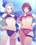  2_girls alluring atlus big_breasts bikini black_bikini blue_sky brown_hair cloud cloudy_sky commentary_request corner50777313 earrings grey_hair high_res jewelry long_hair makoto_niijima multiple_girls outside persona persona_5 persona_5_the_royal red_eyes sae_niijima sega short_hair siblings silf silfs sisters sky smile swimsuit 