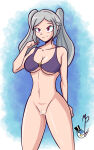  1girl alluring alternate_costume bare_legs big_breasts bikini braid cleavage collarbone fire_emblem fire_emblem_awakening fire_emblem_heroes fire_emblem_warriors grey_hair intelligent_systems long_hair mrpenguin naked_from_the_waist_down nintendo o-ring_bikini purple_bikini purple_swimsuit pussy robin_(fire_emblem) robin_(fire_emblem)_(female) robin_(summer)_(fire_emblem)_(female) smile swimsuit twin_tails under_boob violet_eyes 