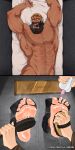 1boy 2026 abs bara beard body_hair civilization dark-skinned_male gilgamesh_(civilization) human laying_down male male_feet male_focus male_foot_fetish male_tickling muscular muscular_male revealyoursins smelly_feet solo_male submissive_male sweating tickle_torture tickling tickling_feet toes_tied