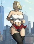1girl abs alternate_costume bare_arms bare_shoulders belt big_breasts black_panties black_thighhighs black_underwear blonde_female blonde_hair blue_belt blue_eyes blurry blurry_background bob_cut breasts building city cleavage cloud collarbone crossed_legs crossed_legs_(standing) day dc_comics expressionless female_only female_solo hair_over_one_eye highleg highleg_panties huge_breasts justice_society_of_america legs legwear light-skinned_female light_skin lips lipstick looking_to_the_side makeup midriff miniskirt mound_of_venus navel neck outside panties pantyshot pantyshot_(standing) parted_lips pink_lipstick plaid plaid_skirt pleated_skirt power_girl red_skirt serious short_hair skirt skirt_lift sky standing stockings strapless superman/batman:_public_enemies taynorhook thick_eyebrows thighs tubetop underwear white_tubetop