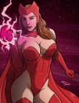  1girl arm_at_side avengers bare_shoulders big_breasts breasts brown_hair cape choker cleavage covered_navel elbow_gloves female_only female_solo gloves green_eyes grin hand_up headpiece heroine highleg highleg_leotard legs legwear leotard light-skinned_female light_skin lips lipstick long_cape long_hair looking_at_viewer magic makeup marvel marvel_comics mound_of_venus naughty_face neck parted_lips pink_lipstick purple_background red_cape red_choker red_clothing red_gloves red_legwear red_leotard red_thighhighs scarlet_witch smile sorceress standing stockings straight_hair strapless strapless_leotard superhero_costume superheroine taynorhook thighs wanda_maximoff x-men 