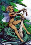 1girl alligator armband barefoot bikini blonde_hair breasts cleavage collar crocodile crocodilian dark_skin fairy feet hand_on_hilt jungle nature orange_eyes original pointy_ears red_eyes short_hair side-tie_bikini sitting solo swimsuit sword thigh_strap torigoe_takumi weapon wings