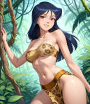  1girl alternate_costume arm_at_side bangs bare_arms bare_legs bare_shoulders bikini black_hair blunt_bangs breasts britney_(totally_spies) cheetah_print contrapposto critadako day female_only female_solo grin hand_up heroine jaguar_print jungle leaf leaves leopard_print light-skinned_female light_skin lips lipstick long_hair looking_at_viewer makeup medium_breasts midriff nail_polish nature naughty_face navel neck outside parted_lips pelvic_curtain pink_lipstick pink_nails plant print_bikini print_clothing print_swimsuit purple_eyes revealing_clothes smile standing straight_hair strapless strapless_bikini strapless_swimsuit swimsuit teen teenage_girl thighs totally_spies tree vines yellow_bikini yellow_swimsuit 
