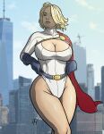 1girl bare_legs belt big_breasts blonde_female blonde_hair blue_belt blue_eyes blue_gloves blurry blurry_background bob_cut breasts building cape city cleavage cleavage_cutout clothing_cutout cloud crossed_legs crossed_legs_(standing) day dc_comics expressionless female_only female_solo gloves hair_over_one_eye highleg highleg_leotard huge_breasts justice_society_of_america legs leotard light-skinned_female light_skin lips lipstick long_sleeves looking_to_the_side makeup mound_of_venus neck outside parted_lips pink_lipstick power_girl red_cape serious short_hair sky standing superman/batman:_public_enemies taynorhook thick_eyebrows thighs turtleneck turtleneck_leotard white_leotard