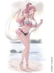  1girl alluring alternate_breast_size_(larger) alternate_costume anklet armlet artist_name bare_arms bare_legs bare_shoulders barefoot beach big_breasts bikini black_bikini blue_bikini blush bracelet braid cleavage cloud cloudy_sky collar collarbone commentary corrin_(fire_emblem)_(cosplay) day english_commentary fingernails fire_emblem fire_emblem_awakening fire_emblem_cipher fire_emblem_warriors full_body hairband high_ponytail holding_sarong intelligent_systems jewelry kaos_art leaning_forward long_hair looking_at_viewer nail_polish navel nintendo ocean olivia_(fire_emblem) outside pink_bikini pink_eyes pink_hair pink_lips pink_nails ponytail sand sarong shell shell_bikini sideboob sky stomach swimsuit thighs tiptoes toenail_polish toenails twin_braids under_boob very_long_hair white_hairband white_sarong 