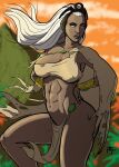  1girl abs alternate_costume bare_legs bare_shoulders big_breasts blurry blurry_background bracer breasts cape collarbone dark-skinned_female dark_skin female_only female_solo floating_hair gold_bracer gold_jewelry half-closed_eyes hands_on_hips headpiece highleg jewelry jungle legs lips lipstick long_hair looking_at_viewer looking_to_the_side makeup marvel marvel_comics midriff mountain nature navel neck ororo_munroe outside palm_tree parted_lips pelvic_curtain revealing_clothes serious standing storm_(x-men) straight_hair sunset taynorhook thighs torn_cape torn_clothes torn_clothing tree white_eyes white_hair x-men 