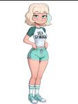 1girl 1girl aged_up ai_generated blonde blonde_hair clothed clothed_female clothes clothing female_only green_clothes green_clothing green_eyes jackie_lynn_thomas lifting lifting_clothing naughty naughty_bitch naughty_face naughty_smile short short_hair short_shorts star_vs_the_forces_of_evil tomboy two_tone_hair