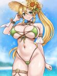  1girl 1girl alluring armlet bikini blonde_hair braid braided_sidelocks commentary_request elf flower gluteal_fold green_bikini green_eyes hat hat_flower huge_breasts jewelry leafa long_hair looking_at_viewer navel pointy_ears ponytail r-binon sidelocks stomach sun_hat sunflower swimsuit sword_art_online thick_thighs thigh_strap thighs very_long_hair 