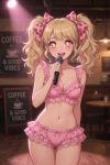 1girl ai_generated blonde_female blonde_hair blush bow bow_ribbon lingerie original_character pink_eyes public singing smile smiling_at_viewer star_in_eye twin_tails twin_tails wavy_hair