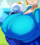  2_girls adventure_time blonde_hair blue_skin breast_envy crown fionna_the_human gigantic_breasts ice_queen mackdazzle_(artist) smirk white_hair 