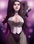 1girl arms_behind_head arms_up bangs big_breasts black_hair black_hat black_headwear black_jacket blurry blurry_background bow bowtie breasts cleavage dc_comics female_only female_solo fishnet_legwear fishnet_pantyhose fishnets green_eyes hat headwear heroine highleg jacket justice_league legwear light-skinned_female light_skin lips lipstick long_hair long_sleeves looking_at_viewer lower_teeth magician makeup neck pantyhose parted_bangs pink_lipstick purple_background round_teeth serious standing straight_hair superhero_costume superheroine taynorhook teeth thick_eyebrows top_hat upper_teeth white_bow white_bowtie zatanna zatanna_zatara