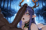 1boy1girl 1girl ai_generated curvy curvy_female curvy_figure dark-skinned_male dark_skin elf elf_ears erect_penis erection genshin_impact hair_ornament lauma_(genshin_impact) long_hair nude penis_awe purple_hair