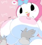  1girls anthro areola big_breasts bow breast_grab breasts cassettedream digital_media_(artwork) disembodied_hands dream-cassette female furry grabbing_breasts groping_breasts hair_ornament hood hoshime huge_breasts lagomorph leporid male mob_face my_melody nipples onegai_my_melody sanrio shortstack solo_focus text 