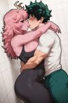 1boy 1girl ai_generated antennae bare_thighs bathroom big_ass big_ass black_dress black_eyes blush boku_no_hero_academia bulge fat_ass french_kiss gigantic_ass gigantic_breasts green_hair huge_breasts huge_thighs izuku_midoriya light-skinned_male light_skin long_hair massive_ass massive_breasts mina_ashido muscular_male my_hero_academia pink_body pink_hair pink_skin squatting sweat sweatdrop thick_body thick_female thick_thighs thighs voluptuous voluptuous_female waifuinvoker yellow_pupils