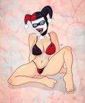  1girl 1girls batman:_the_animated_series batman_(series) bikini breasts cleavage clown_girl dc_comics dc_comics harley_quinn harley_quinn_(classic) jumpdriiver legs medium_breasts navel sitting sitting_down twitter 