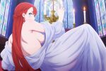  1girl 1girl ai ai_art ai_generated ailys ass back bare_shoulders big_breasts blue_eyes blush braid breasts candle candlelight candlestand church dress earrings french_braid from_behind indoors jewelry long_hair looking_at_viewer looking_back lying nightgown nipples no_bra off_shoulder red_hair robe see-through sitting stained_glass very_long_hair white_dress window yuusha_no_kuse_ni_namaiki_da 