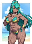  1girl 1girl ;) abs absurd_res alluring aqua_bikini aqua_eyes aqua_hair athletic_female bare_arms bare_shoulders beach bead_necklace beads big_breasts bikini blue_sky blush border bracelet cleavage closed_mouth commentary commission dark-skinned_female dark_skin day english_commentary esmeralda_(fire_emblem) female_abs female_focus fire_emblem fire_emblem:_fortune's_weave fit_female gluteal_fold hand_on_own_chest hand_on_own_hip high_ponytail high_res intelligent_systems jewelry ko-fi_commission long_hair looking_at_viewer matching_hair/eyes necklace nintendo ocean one_eye_closed outside ponytail rotomdocs sky smile standing stomach swimsuit thick_thighs thighs very_long_hair water white_border wink yellow_bikini 