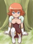 bakugan bakugan_battle_brawlers bakugan_new_vestroia blush boots breastless_clothes breastless_clothing breasts forest framed_breasts gloves mira mira_clay mira_fermin sitting smile suit takappe