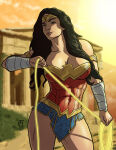 1girl amazon arm_at_side armlet bare_legs bare_shoulders big_breasts black_hair blue_eyes blue_skirt blurry blurry_background bracer breasts cleavage closed_mouth cloud collarbone contrapposto dc_comics diana_prince female_only female_solo gold_armlet gold_jewelry heroine holding holding_object holding_rope jewelry justice_league justice_league_(2017_film) lasso_of_truth legs light-skinned_female light_skin lips lipstick long_hair looking_at_viewer makeup miniskirt naughty_face neck outside pillar red_tubetop rope ruins silver_bracer silver_jewelry skirt sky smile standing straight_hair strapless sunset superhero_costume superheroine taynorhook temple themysciran thick_eyebrows thick_thighs thighs tiara tubetop wonder_woman wonder_woman_(2017_film) wonder_woman_(series)
