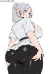  ai_generated ass_grab back_view backboob bare_thighs big_ass big_ass big_breasts big_breasts elf elf_ears elf_female fat_ass frieren gigantic_ass green_eyes grin huge_breasts huge_thighs kawaiiarts latex light-skinned_female light_skin looking_back low-angle_view massive_ass mature_female solo_female sousou_no_frieren thick_body thick_female thick_thighs thighs twin_tails voluptuous voluptuous_female white_hair 