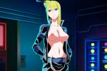  1girl 1girl ai ai_art ai_generated belt big_breasts blonde_hair blue_eyes breasts chaps collarbone gloves hair_bun hair_ornament hair_stick hands_in_pockets indoors jacket long_hair nancy_lee navel ninja_slayer nipples no_bra open_clothes open_jacket single_hair_bun 