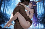 1boy1girl 1girl ai_generated ass curvy curvy_female curvy_figure dark-skinned_male dark_skin elf elf_ears genshin_impact hair_ornament kissing kissing_while_penetrated lauma_(genshin_impact) long_hair nude purple_hair sex stand_and_carry_position standing_sex