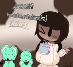 1girl big_breasts birthday black_tail blush brown_eyes brown_hair brown_skin cake_on_breasts closed_eyes dress female_focus happy_birthday mint_fur moch_(sprunki) mochimochz mouse_ears mouse_girl mouse_tail open_mouth simple_background sprunki sprunki_oc teeth text tongue tongue_out