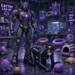 ai_generated brainwashing cat_ears catsuit collar domination/submission drooling glowing_eyes human_on_robot humiliation laboratory latex leash on_knees on_knees_(female) pet_play petplay robot robot_humanoid skinsuit submissive_female yarn