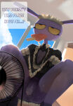  1boy 4_fingers absurd_res anthro balls bodily_fluids bottomwear clothed clothing fan_(object) fangs fingers flaccid food foreskin genitals glitch_productions half-closed_eyes heat_(temperature) high_res humanoid_genitalia humanoid_penis jax_(tadc) kneel lagomorph legwear leporid makeup male mammal mascara narrowed_eyes no_underwear penis popsicle rabbit raised_bottomwear raised_clothing raised_skirt ruined_makeup running_makeup running_mascara skirt solo solomonbnuy stockings sweat sweatdrop teeth the_amazing_digital_circus thought_bubble 