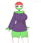  among_us_reference big_breasts big_thighs blush countryhumans countryhumans_girl exposed_shoulders green_skin grin heart_symbol hungary_(countryhumans) kak0yt0_chel kneehighs looking_away shiny_skin white_kneehighs 