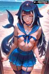 1girl 1girls 2025 ai_assisted ai_generated animal_ears anime animeprds25 artist_name beach black_hair blue_choker blue_collar blue_eyes blue_skirt breasts cetacean_tail chest_tattoo facial_mark fins fish_tail garter_straps high_quality high_res high_res high_resolution indie_virtual_youtuber long_hair multicolored_hair nipples open_mouth outside patreon_username pov_doorway sailor_collar shylily skirt smile stable_diffusion stockings streaked_hair tail virtual_youtuber watermark white_hair