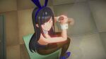  16:9 16:9_aspect_ratio 1boy 1boy1girl 1girl aragaki_ayase black_hair black_pantyhose blue_shoes bunny_costume bunny_ears bunny_girl bunnysuit closed_mouth dark_hair handjob indoors light-skinned_female light_skin long_hair looking_at_viewer open_eyes ore_no_imouto_ga_konna_ni_kawaii_wake_ga_nai oreimo pantyhose penis penis_grab penis_tip shoes sitting testicle transparent_male 