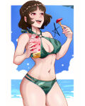  1girl 1girl absurd_res bare_shoulders bikini blunt_bangs blush braid brown_hair commentary crown_braid cup drinking_glass english_commentary food fork fruit green_bikini high_res holding holding_cup holding_fork makoto_niijima navel ocean official_alternate_costume open_mouth persona persona_5 persona_5_scramble:_the_phantom_strikers red_draws5 red_eyes short_hair smile stomach swimsuit teeth upper_teeth_only water watermelon watermelon_slice 