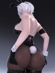  1girl ass_grab big_breasts blue_eyes bubble_butt bunny_costume bunny_ears bunny_suit bunnysuit cleavage horny inviting_to_sex looking_at_viewer nier nier:_automata nier_(series) popogori pose standing stockings teasing thick_thighs white_hair yorha_no._2_type_b 